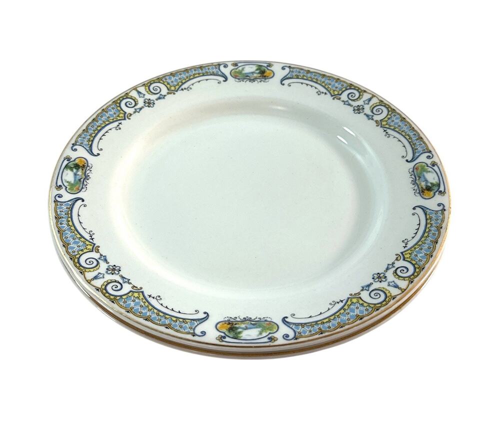 Antique Johnson Bros England Scenic Porcelain Plates Set of 2 Blue Gold 7”